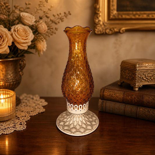 Rare! Vintage Diamond Quilted Amber Candlestick Holder