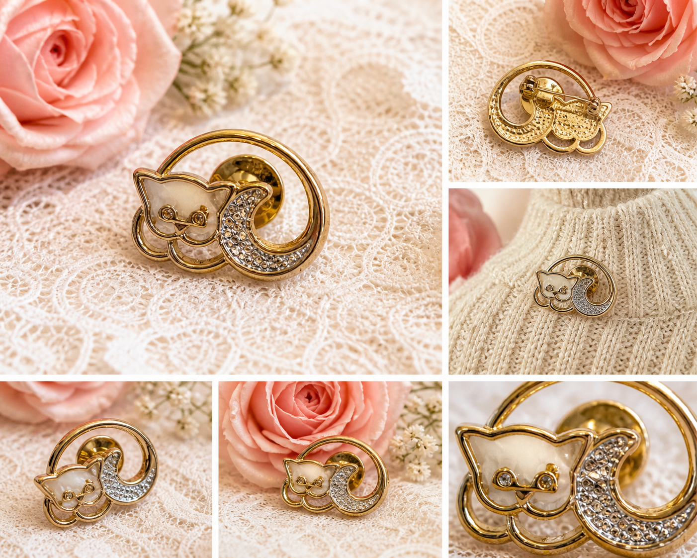 Vintage Style Cat Brooch – Gold Tone Kitty Pin – Cute Animal Jewelry