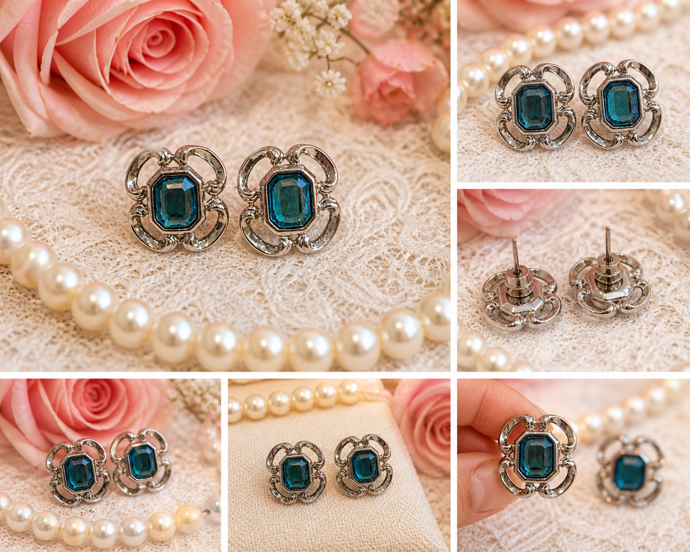 Vintage Style Teal Stone Stud Earrings – Silver Tone – Elegant Classic Jewelry