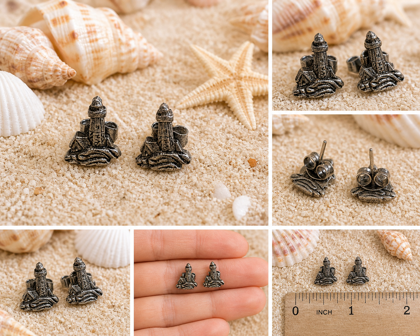 Vintage Mini Lighthouse Earrings – Silver Tone Nautical Studs – Coastal Jewelry
