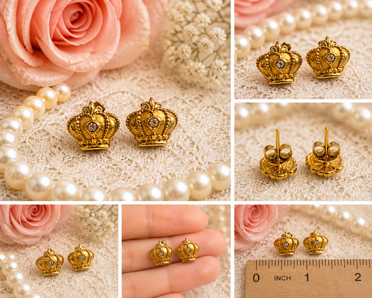Gold Tone Crown Stud Earrings – Rhinestone Accent – Cute Royal Jewelry