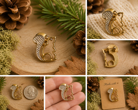 Cute Squirrel Brooch – Gold Tone with Rhinestone Tail – Animal Jewelry Pin