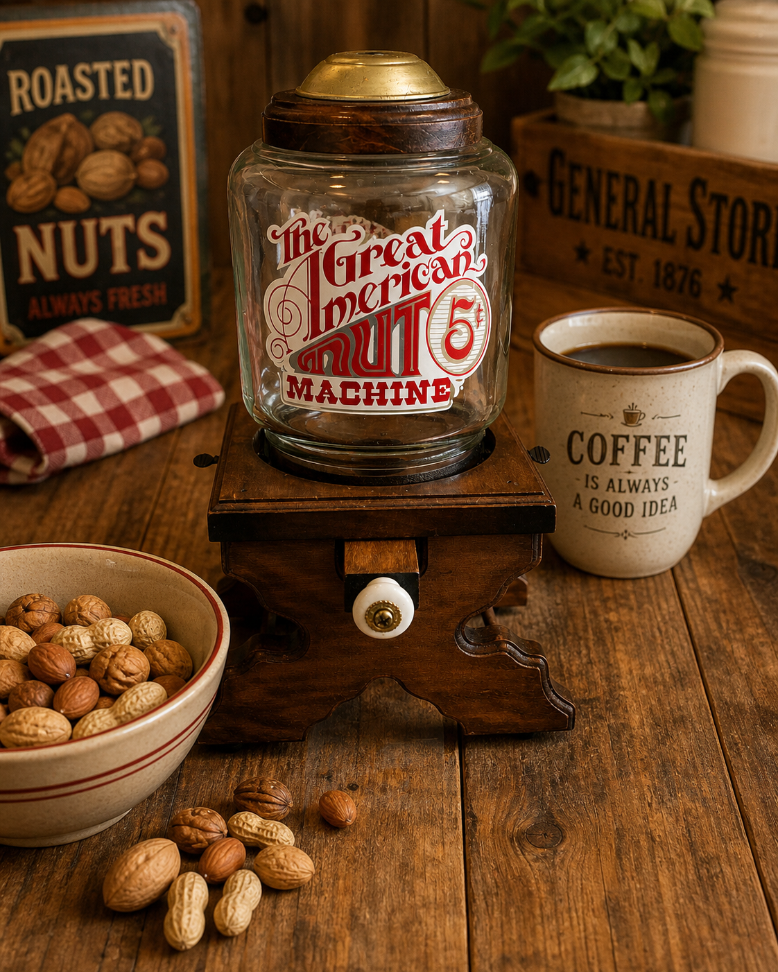 Vintage Style Nut Dispenser – “The Great American Nut Machine” – Glass & Wood Countertop Jar