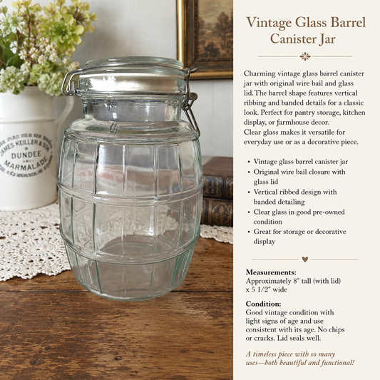 Vintage Glass Barrel Canister Jar with Wire Bail Lid