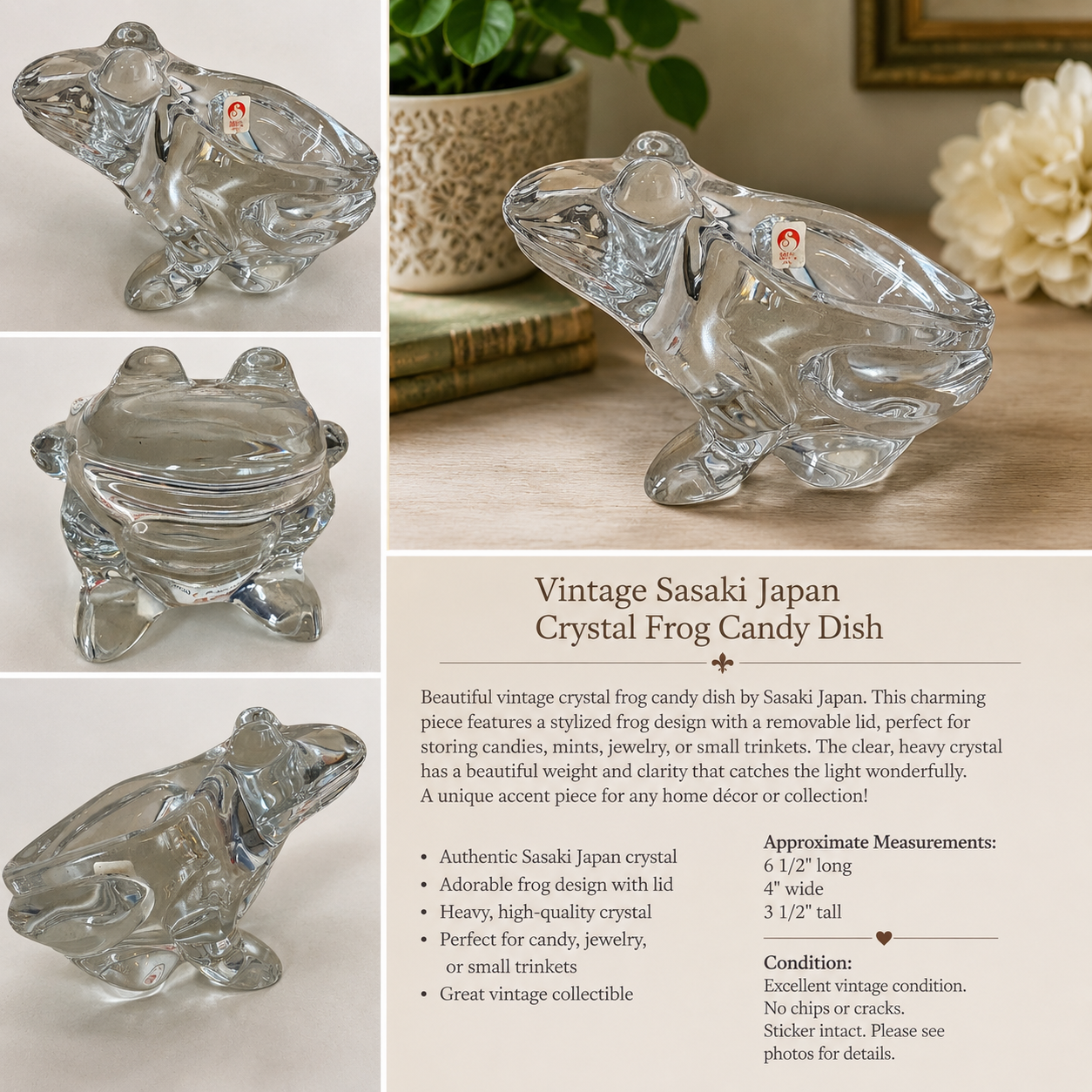 Vintage Sasaki Japan Crystal Frog Candy Dish / Trinket Box