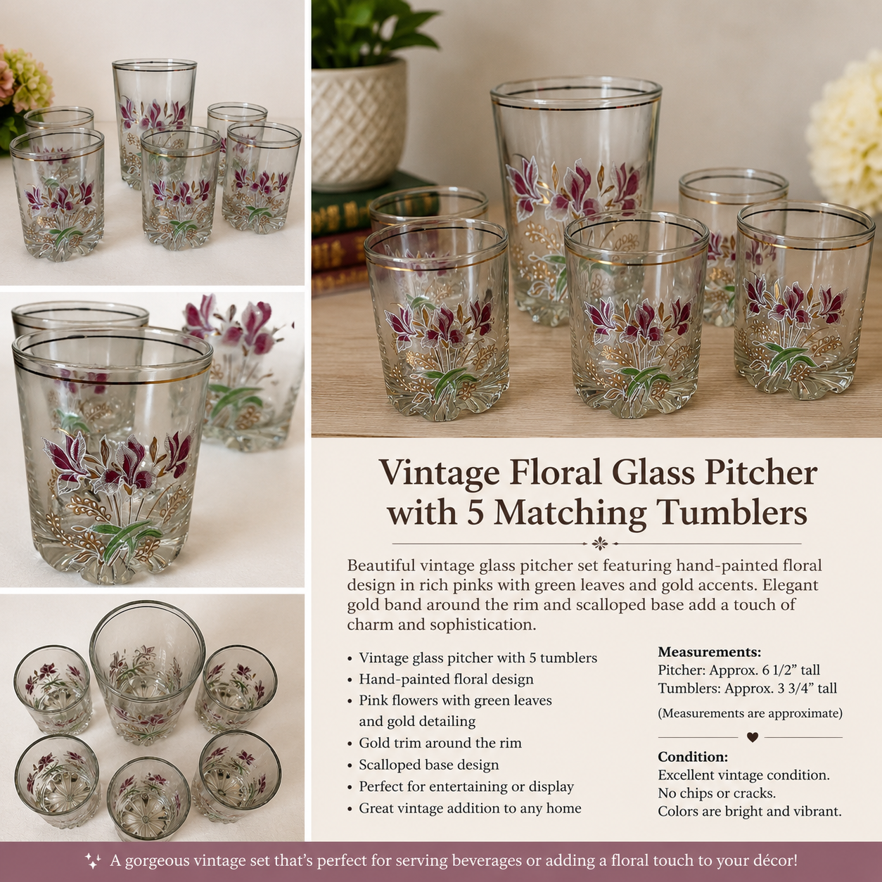 Vintage Italian Floral Glass Pitcher Set with 5 Matching Tumblers