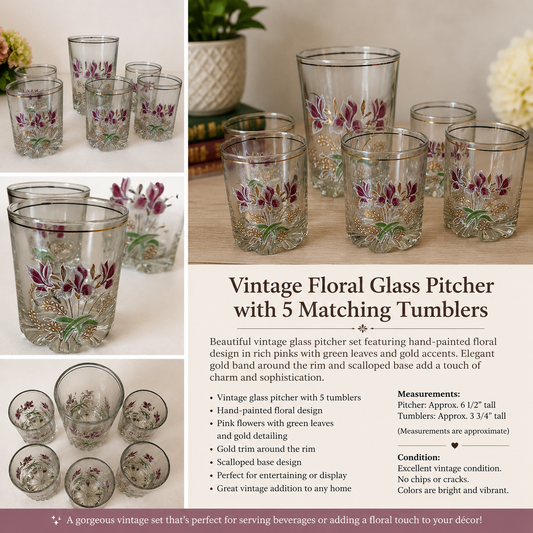 Vintage Italian Floral Glass Pitcher Set with 5 Matching Tumblers