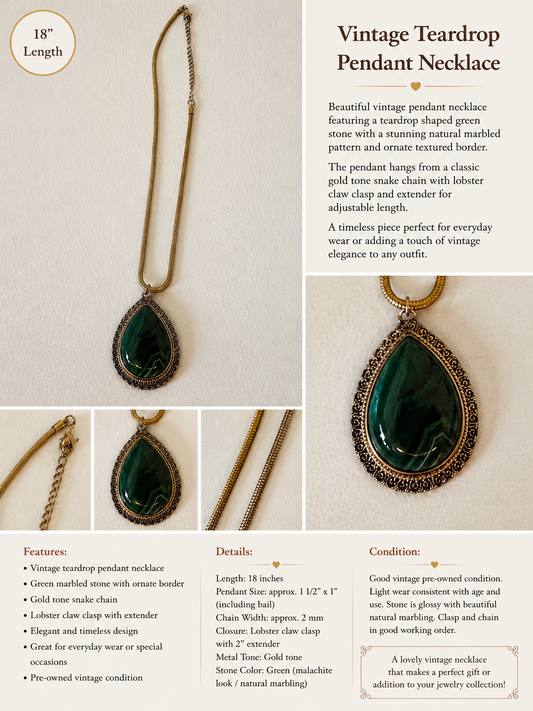 Vintage Teardrop Pendant Necklace – Green Marbled Stone