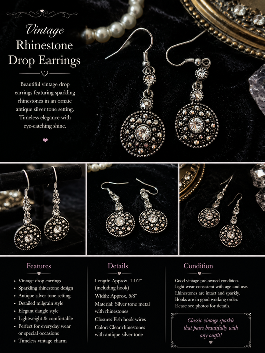 Vintage Rhinestone Drop Earrings – Silver Tone Dangle Earrings