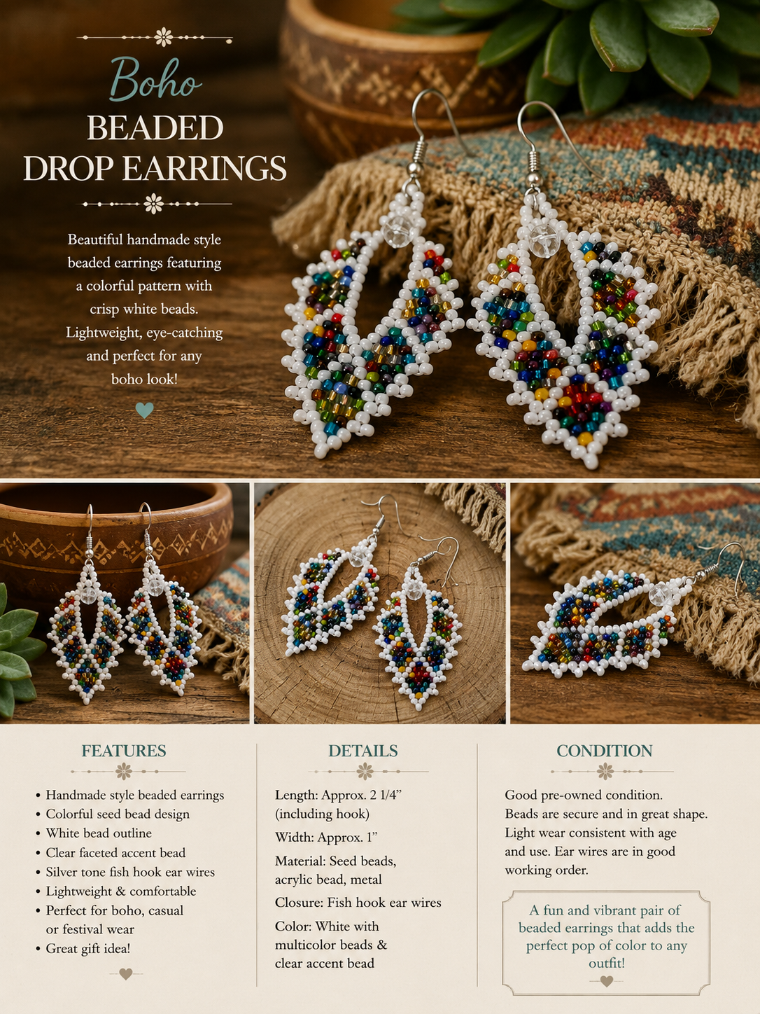 Boho Beaded Drop Earrings – Colorful Seed Bead Dangle Earrings