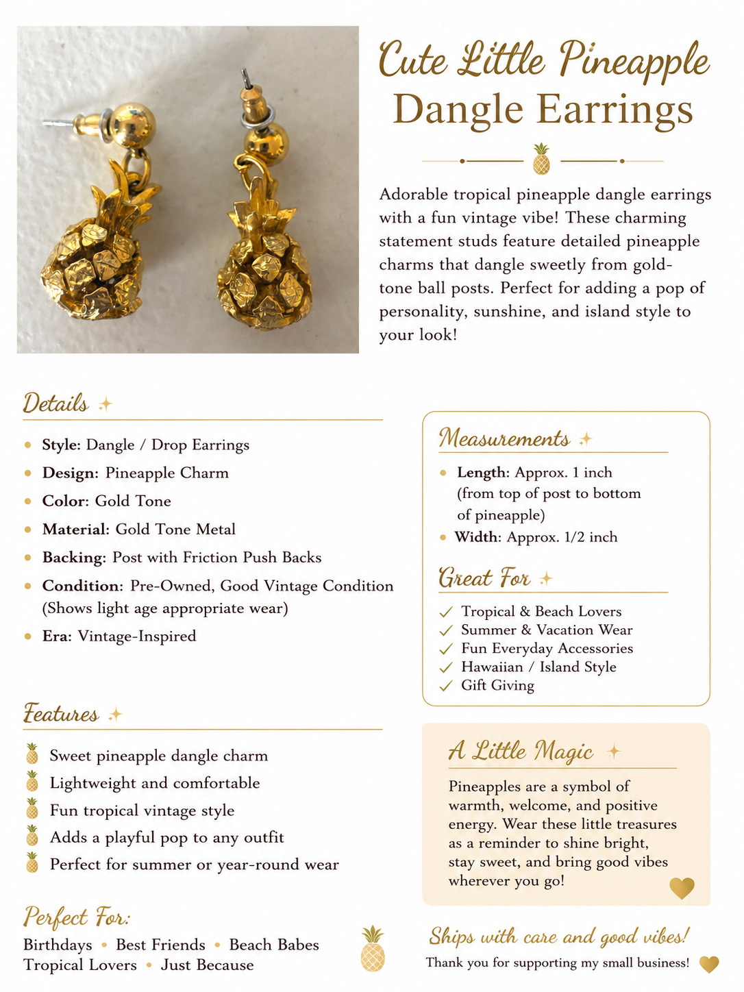 Gold Tone Pineapple Dangle Earrings