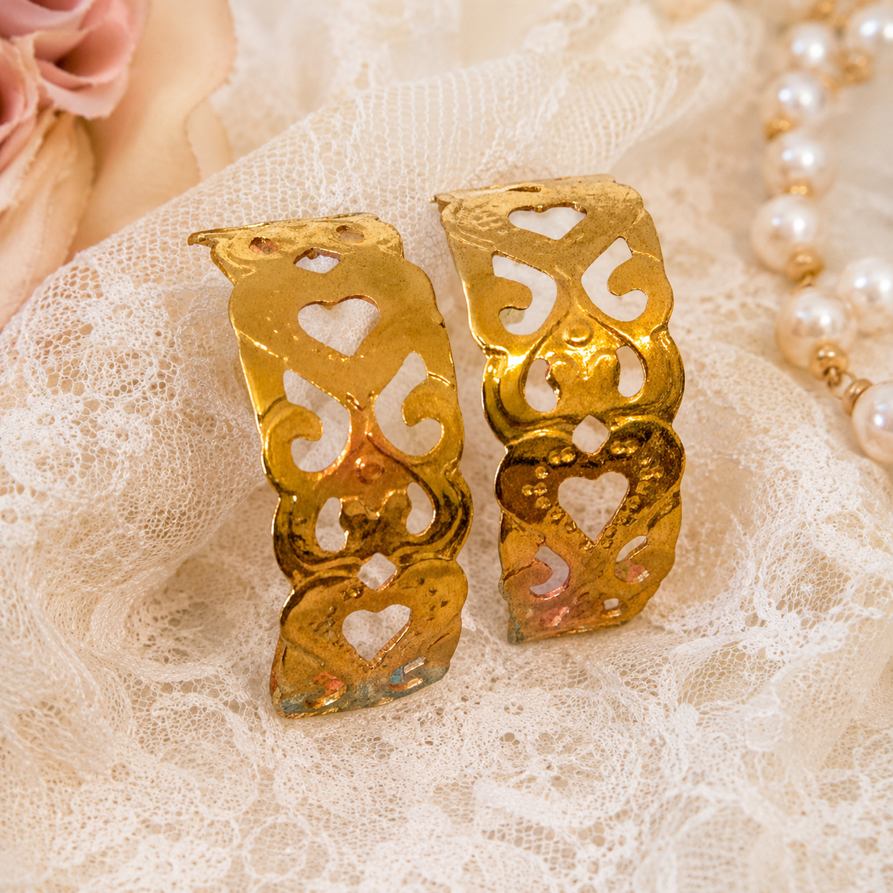 Vintage Gold Tone Open Heart Earrings