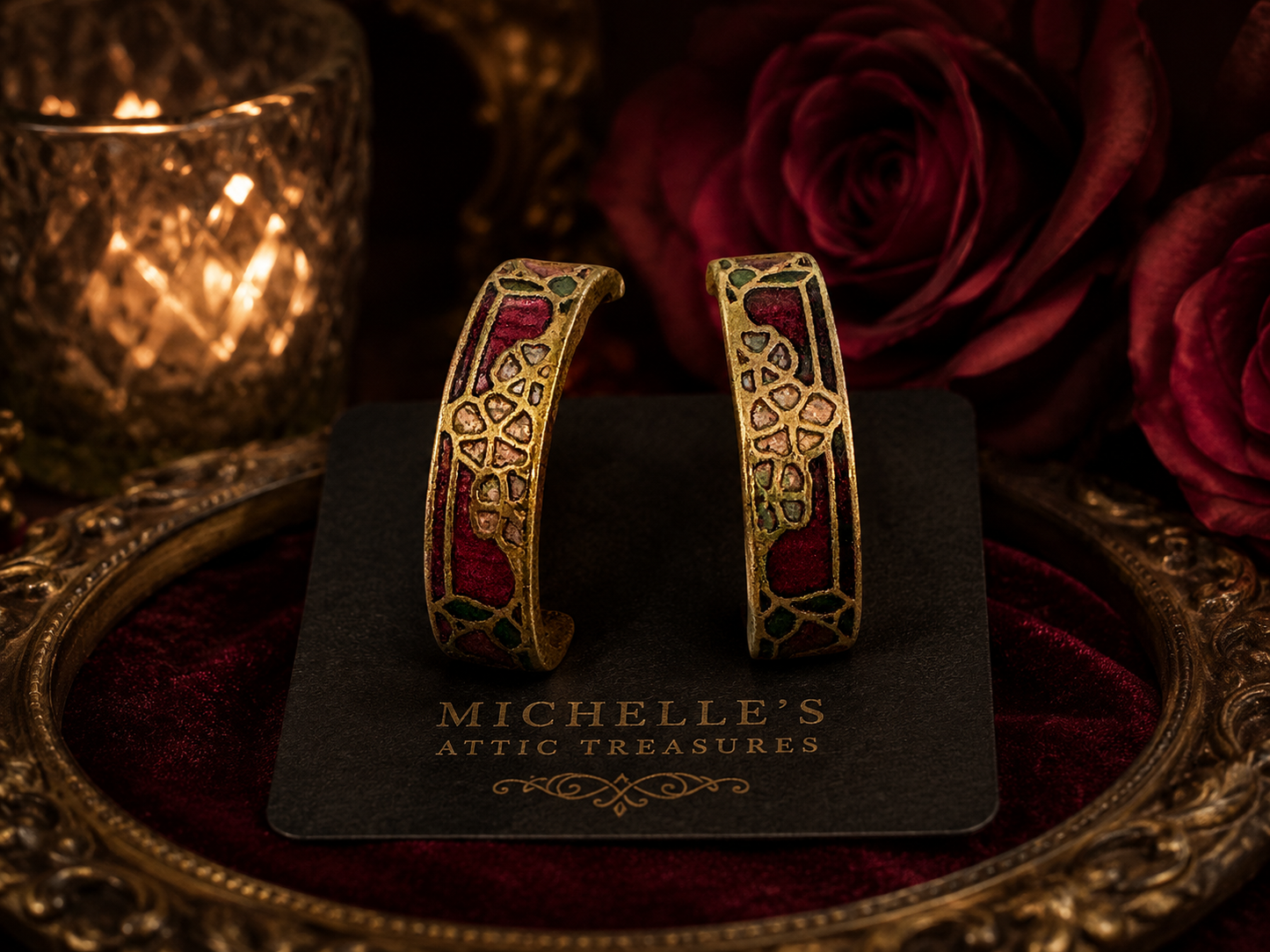 Vintage Cloisonné Style Floral Hoop Earrings