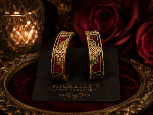 Vintage Cloisonné Style Floral Hoop Earrings