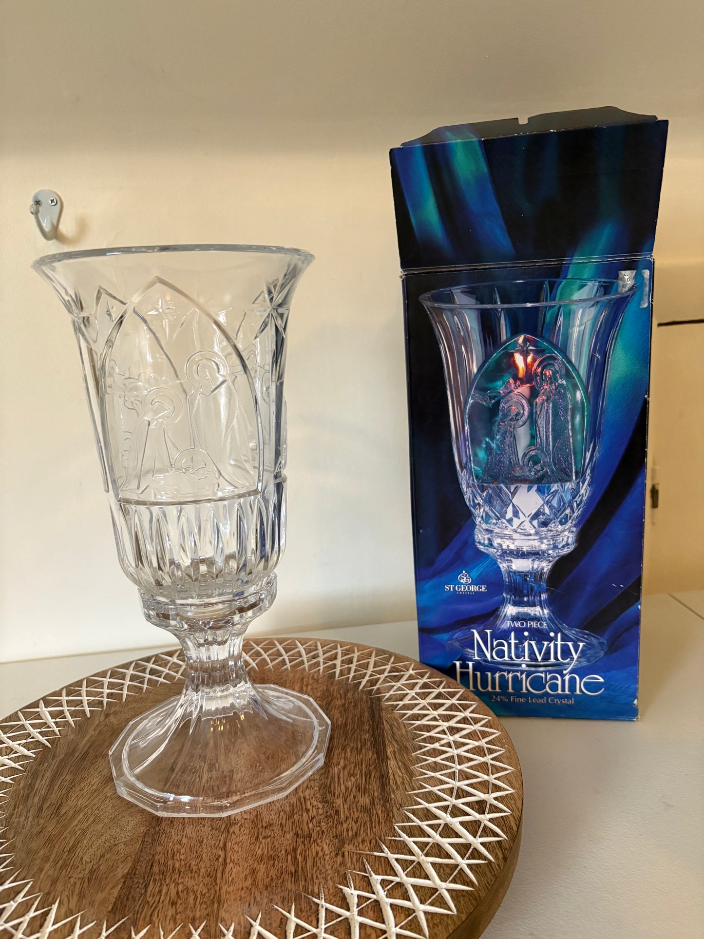 St George 2pc Nativity Hurricane 24% Fine Lead Crystal Candle Holder USA 11.5"