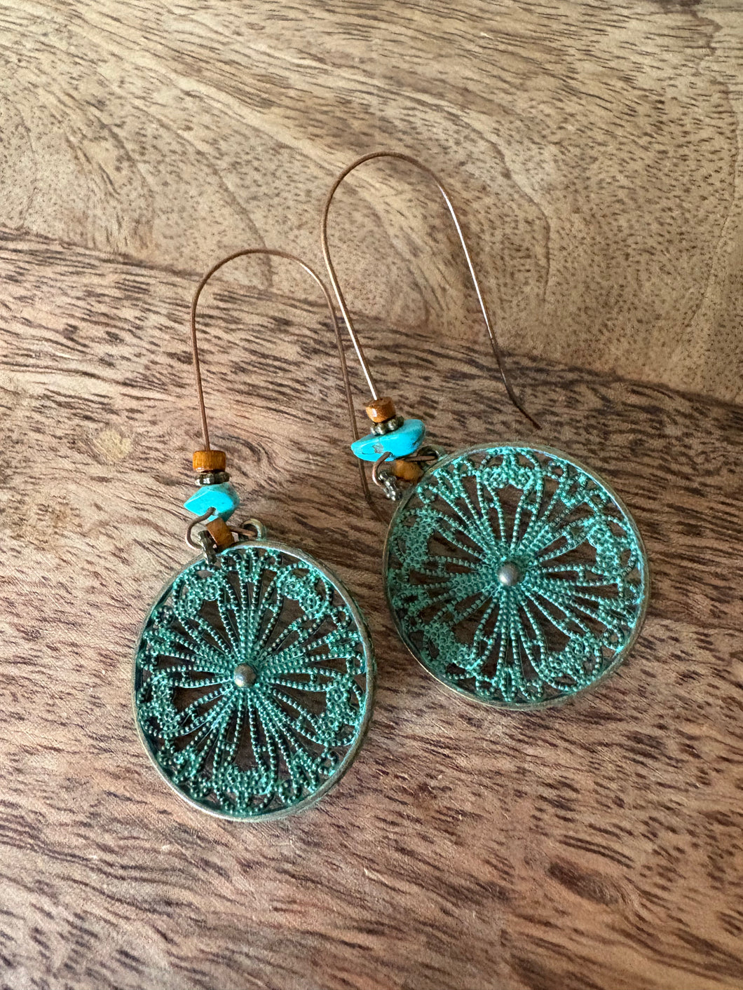 Coppertone Filigree Teal Disk Pierced Earrings NEW