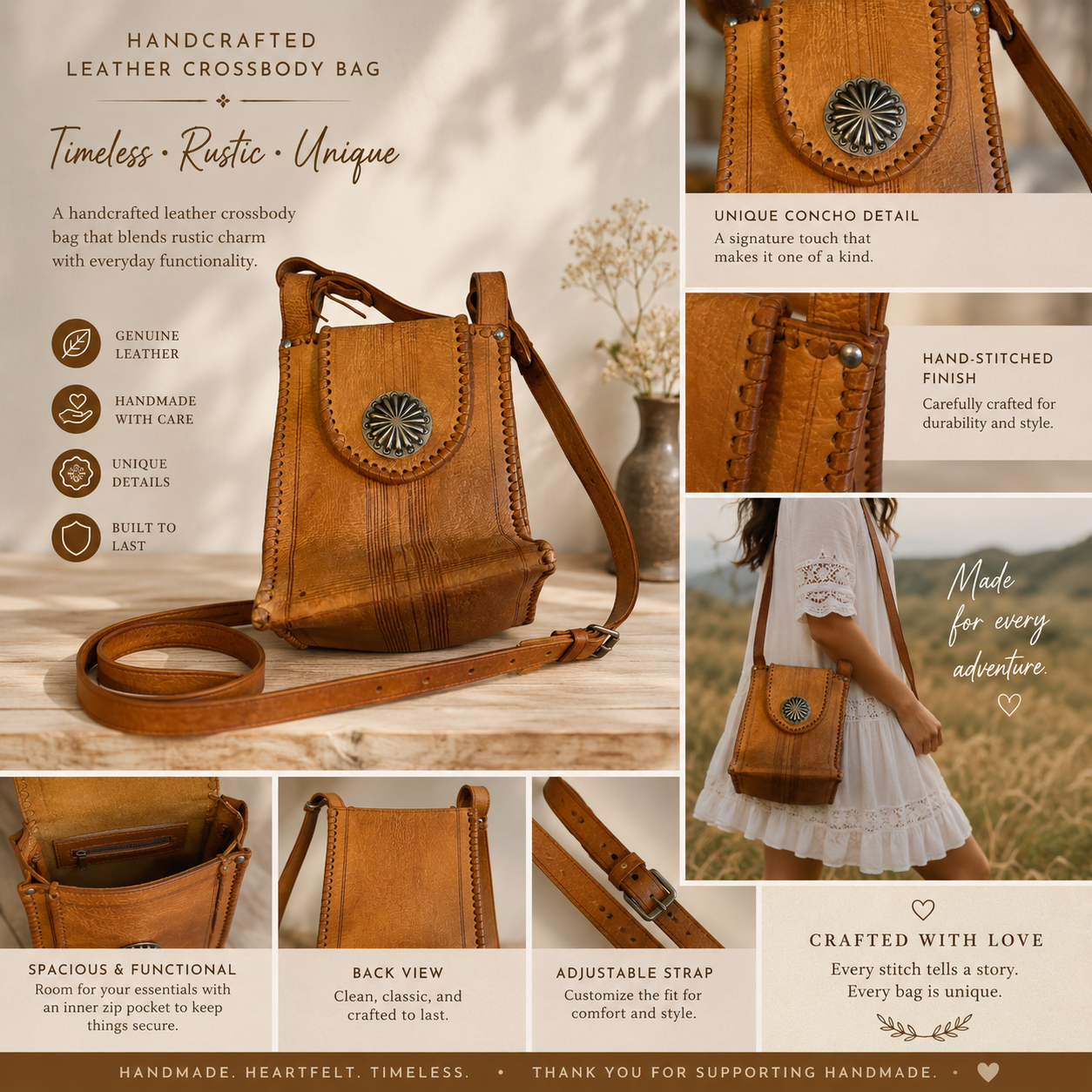 Vintage Handmade Leather Crossbody Bag – Made in Morocco