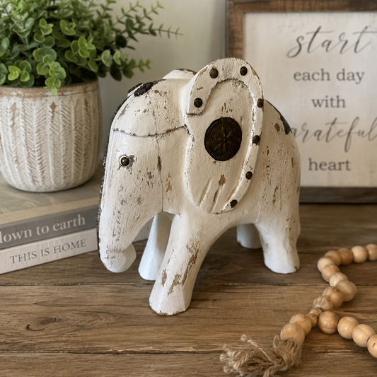 Distressed White Elephant Figurine – Rustic Farmhouse Décor
