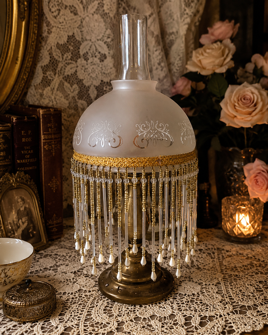 Vintage Brass Candle Lamp with Frosted Glass Shade & Beaded Fringe