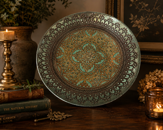 Silver Gold & Green Reverse Painted Intricate Scrollwork Glass Plate.