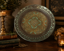 Cargar imagen en el visor de la galería, Silver Gold &amp; Green Reverse Painted Intricate Scrollwork Glass Plate.
