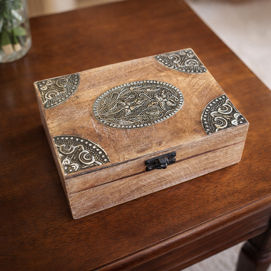 Handcrafted Decorative Wooden Keepsake Box
with Ornate Metal Accents