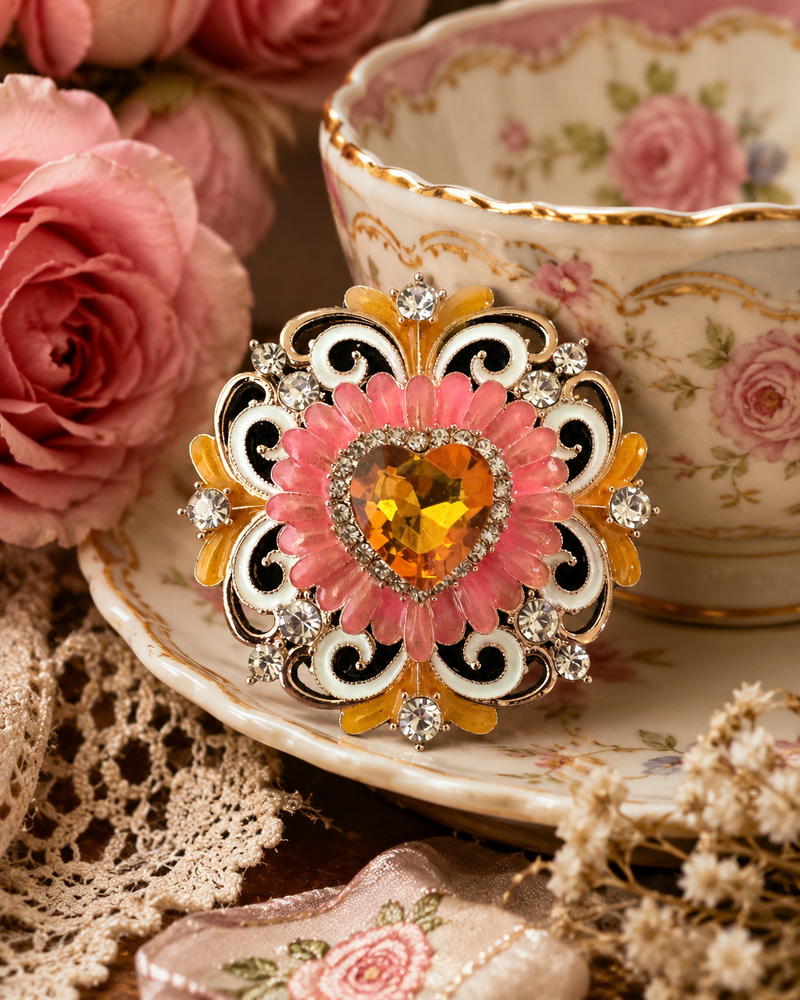 Vintage Floral Heart Rhinestone Brooch