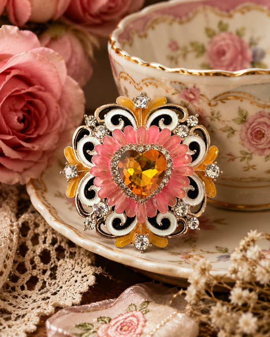 Vintage Floral Heart Rhinestone Brooch