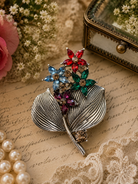 Vintage Floral Rhinestone Brooch
