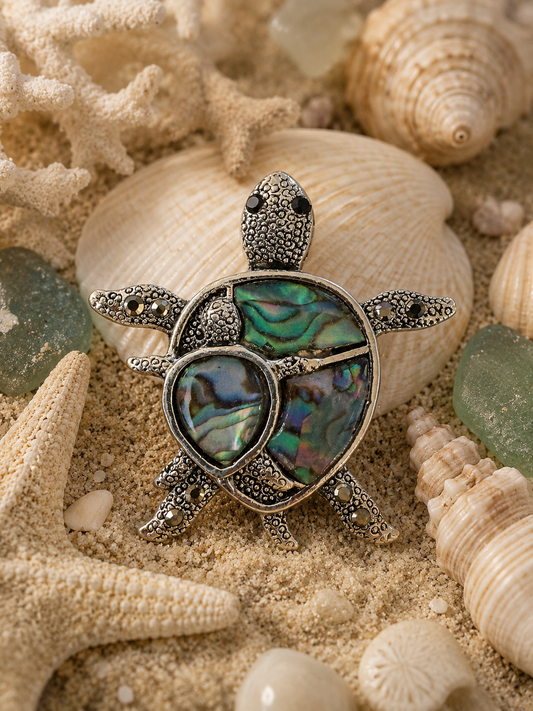 Vintage Sea Turtle Brooch with Abalone Shell Accents