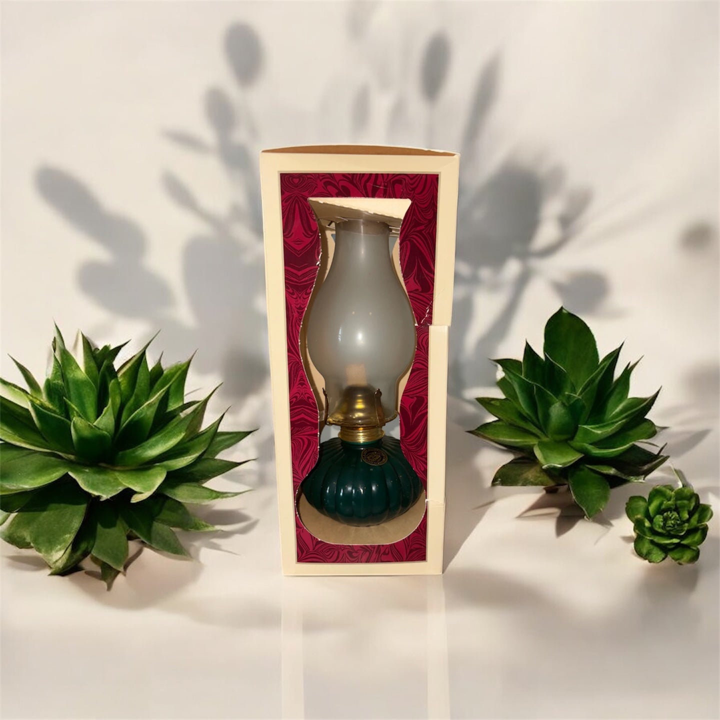 Vintage Lamplight  Farms Clear Glass Hurricane Oil Lamp Green Base-NEW
