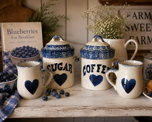 Blue Heart Coffee & Sugar Canister Set with Matching Mugs