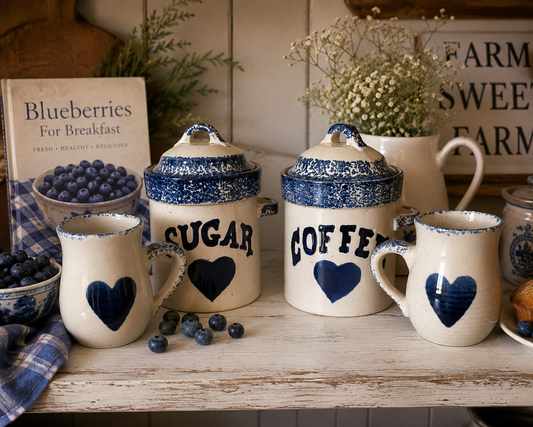 Blue Heart Coffee & Sugar Canister Set with Matching Mugs