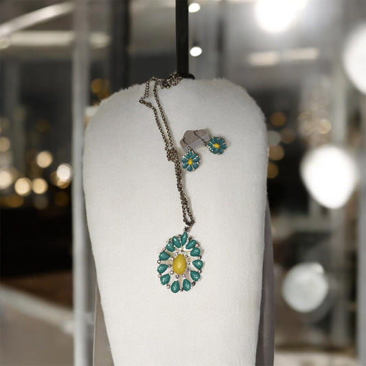 Conjunto de joyas vintage con flores turquesas y amarillas y diamantes de imitación