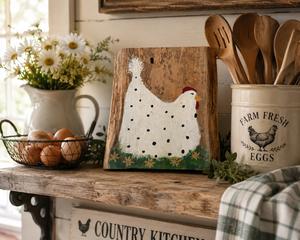 Hand-Painted Folk Art Chicken on Natural Wood Slab