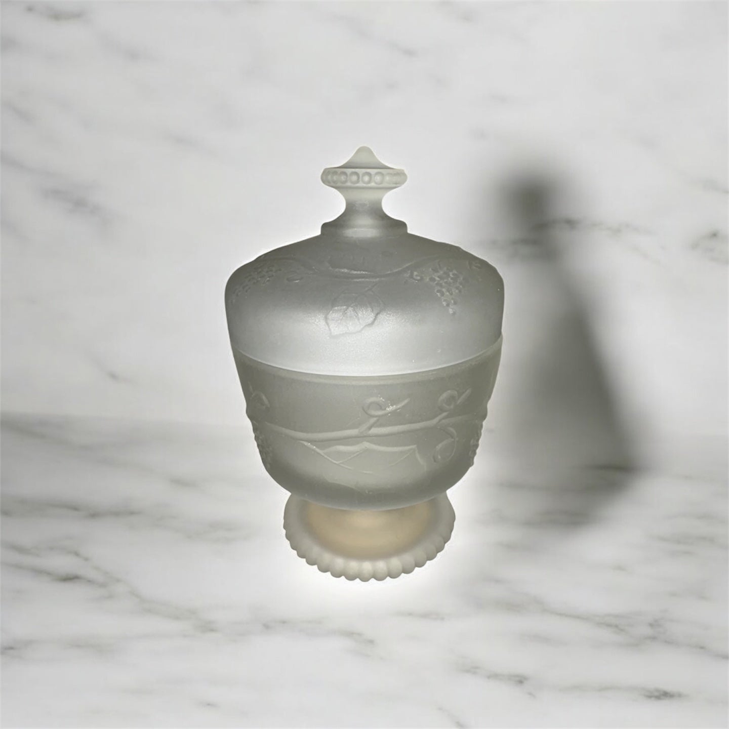 Vintage Satin Glass Frosted Footed Grape Cluster Powder Cream Vanity Jar
