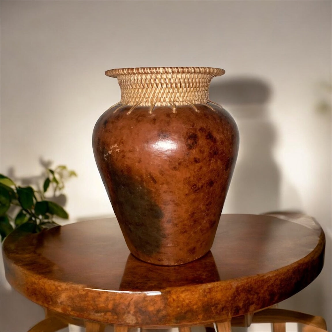 Vintage Pottery Vase With Wicker Top