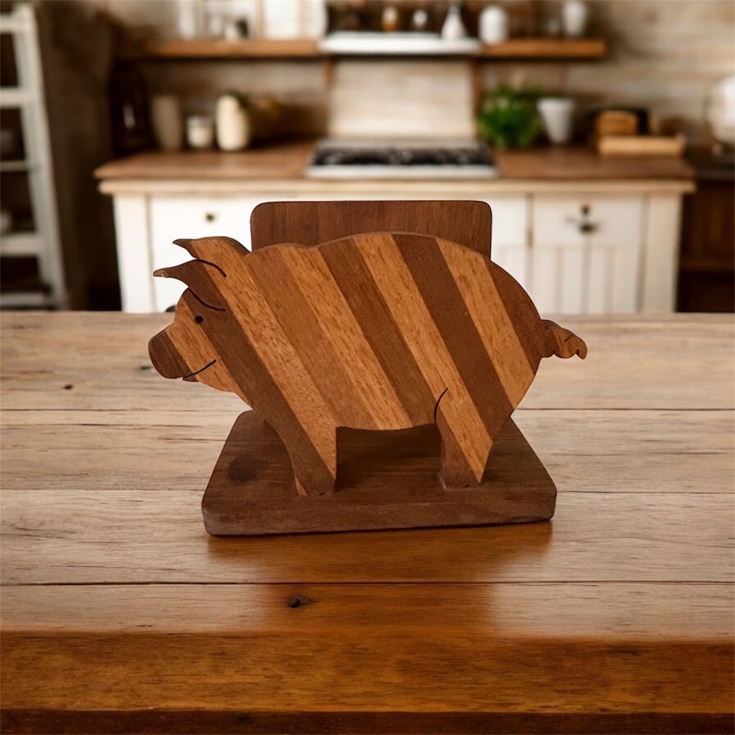 Servilletero vintage de madera con forma de cerdo hecho a mano