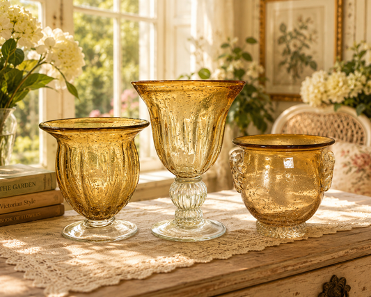 Vintage Italian Amber Bubble Glass Set of 3 – Hand-Blown Art Glass