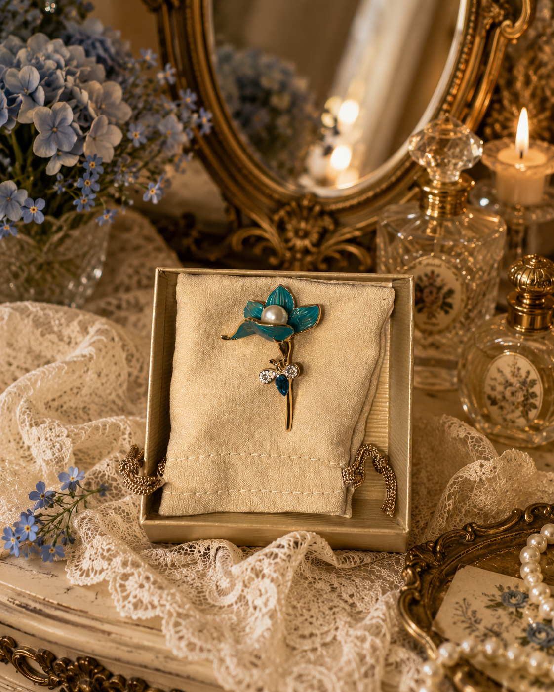 Vintage Blue Enamel Floral Pin with Faux Pearl & Rhinestones