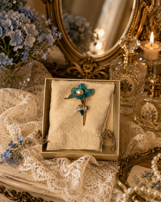 Vintage Blue Enamel Floral Pin with Faux Pearl & Rhinestones