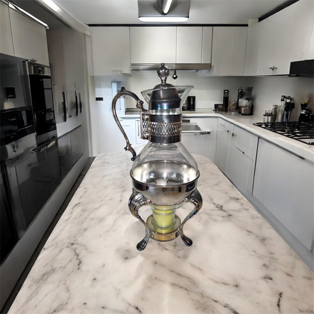 Vintage Silver Plate Glass Coffee / Tea Carafe & Footed Warmer Stand Int Silver