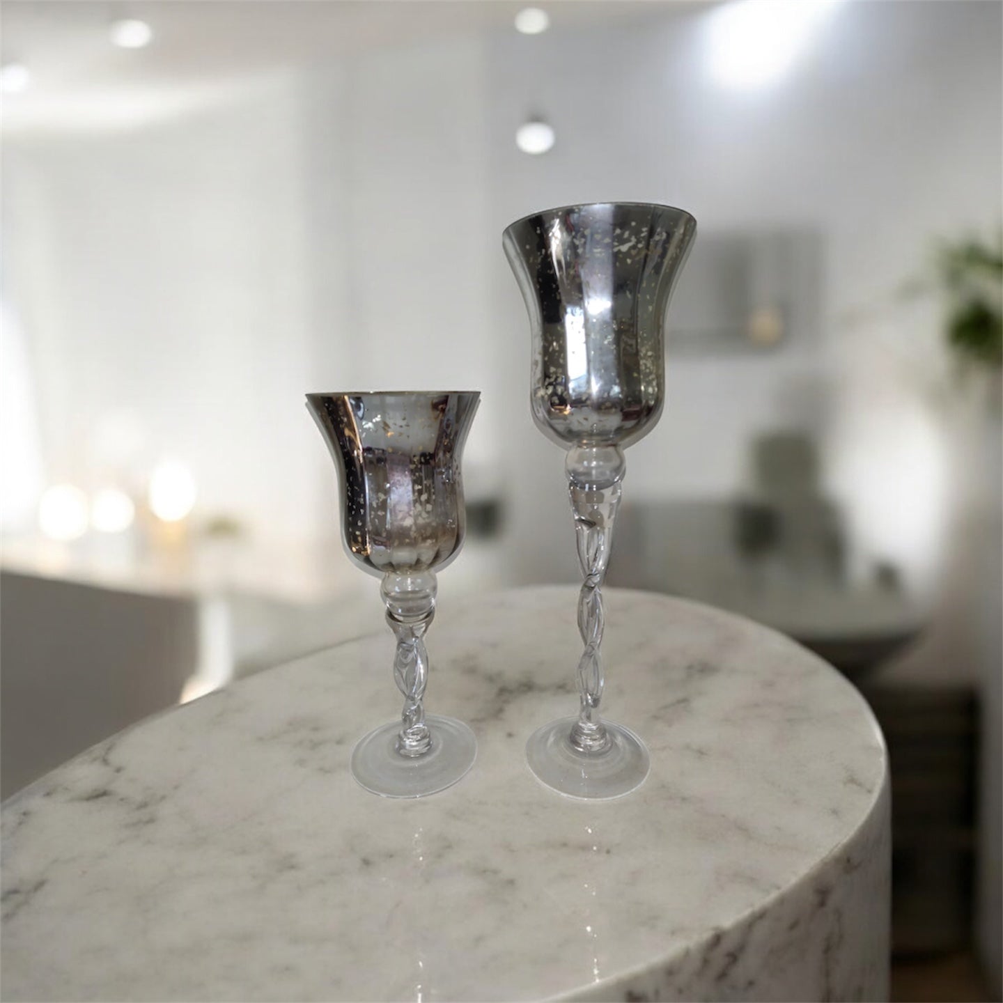Set of 2 Silver Mercury Glass Vase Candle holder