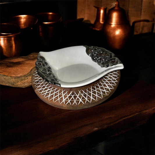 222 Fifth Earthenware Dish Tray Silver Trim Open Modernist Design 13 x 10 x 1.5 