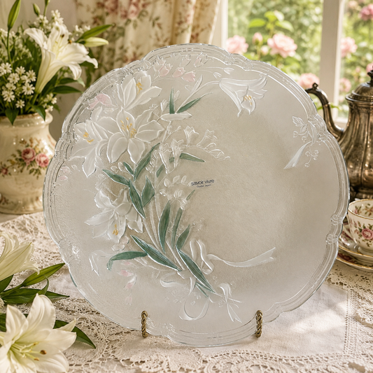 Vintage Savoir Vivre Crystal Japan Lily Serving Platter | Frosted Floral Glass Display Plate