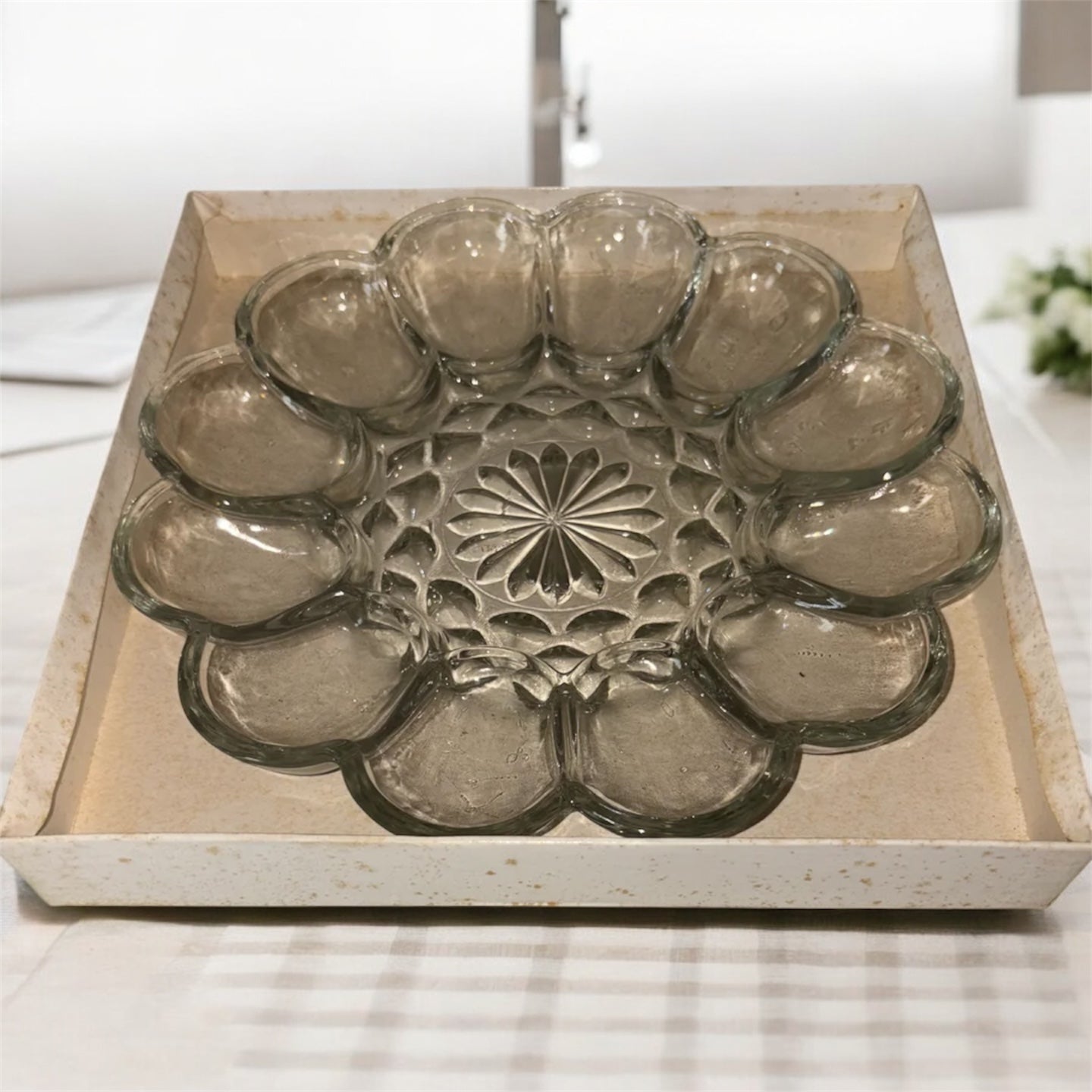 Anchor Hocking Fairfield Clear Glass Deviled Egg Tray. Original Box