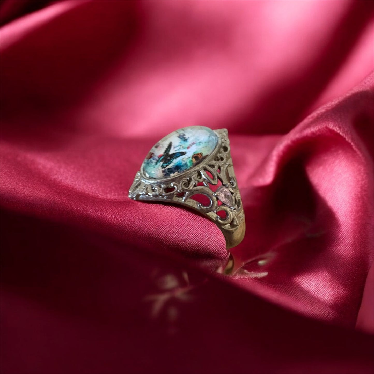 Butterfly Garden Silver Tone Filigree Ring. Pink Accent Stones