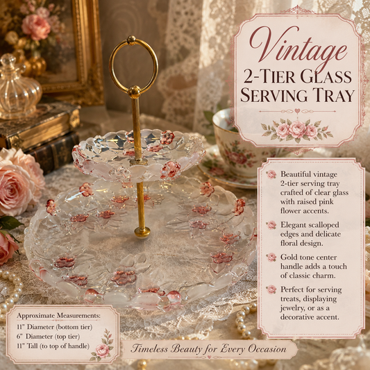 Vintage Two-Tier Glass Serving Tray with Pink Floral Accents