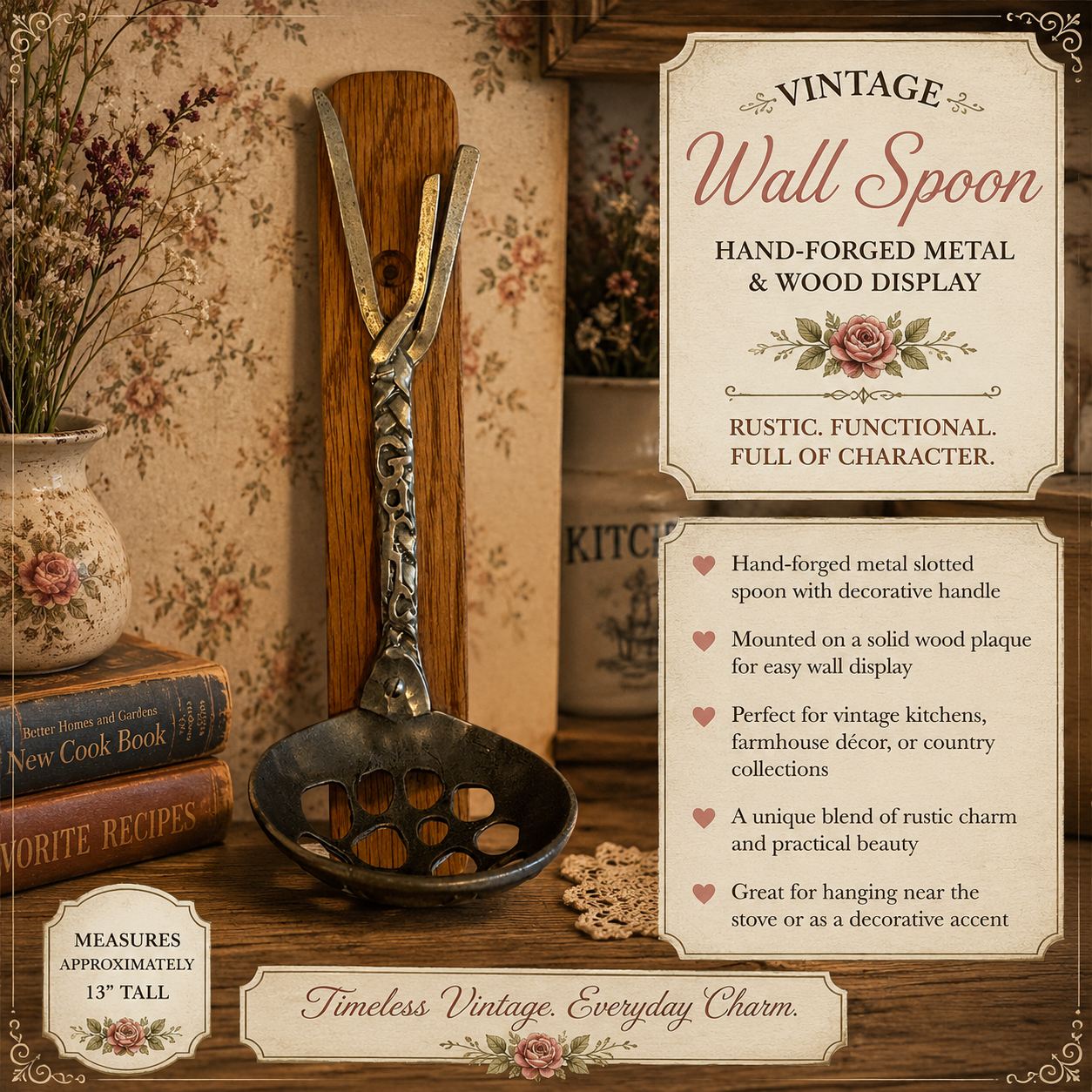 Vintage Rustic Slotted Wall Spoon on Oak Plaque