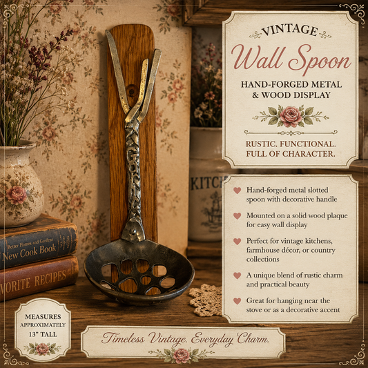 Vintage Rustic Slotted Wall Spoon on Oak Plaque